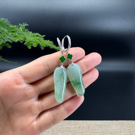 18k White Gold Genuine Icy Green Jadeite Jade Earrings With Diamonds