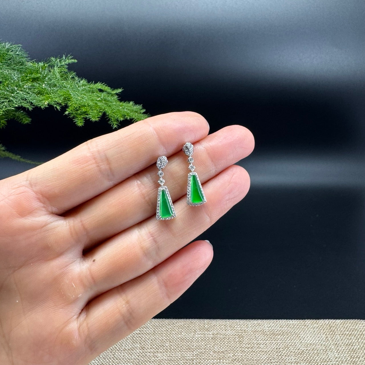 18k White Gold Genuine Imperial Green Jadeite Jade Earrings With Diamonds