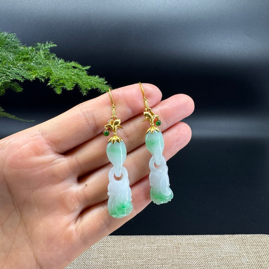 18k Yellow Gold Genuine White Green Jadeite Jade Earrings With Diamonds