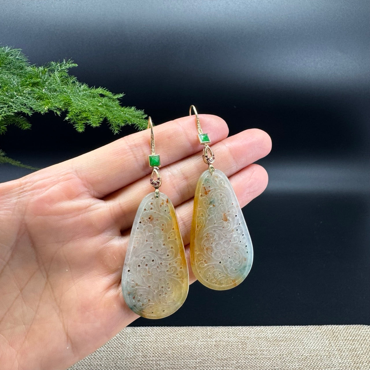 18k Yellow Gold Genuine Icy Yellow Green Jadeite Jade Earrings With Diamonds