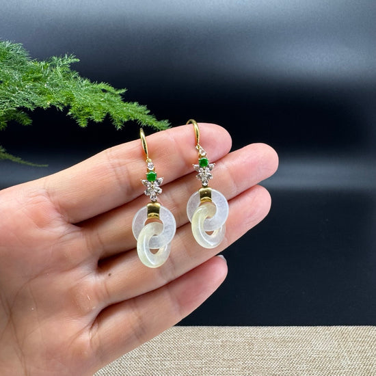 18k Yellow Gold Genuine Icy Yellow Jadeite Jade Earrings With Diamonds