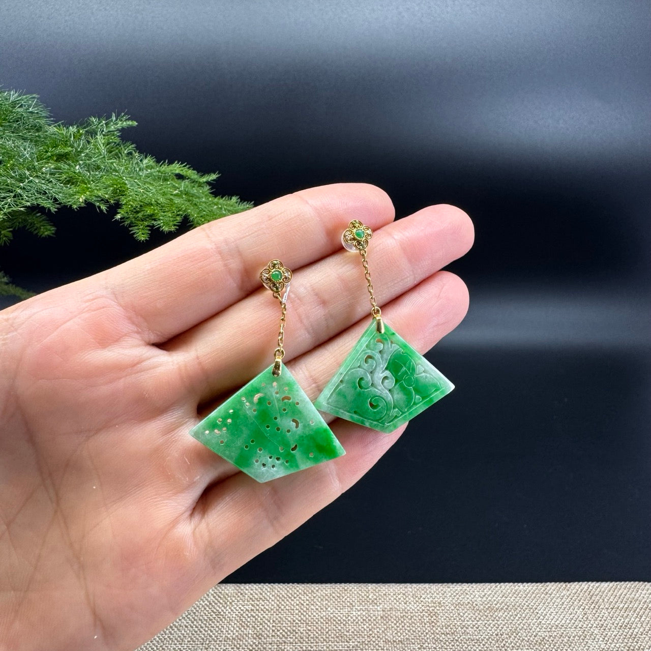 18k Yellow Gold Genuine Green Jadeite Jade Earrings With Diamonds