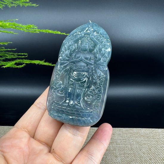 RealJade® Co. High Natural Guatemalan Blue Jadeite Jade Thousand armed Guanyin Pendant