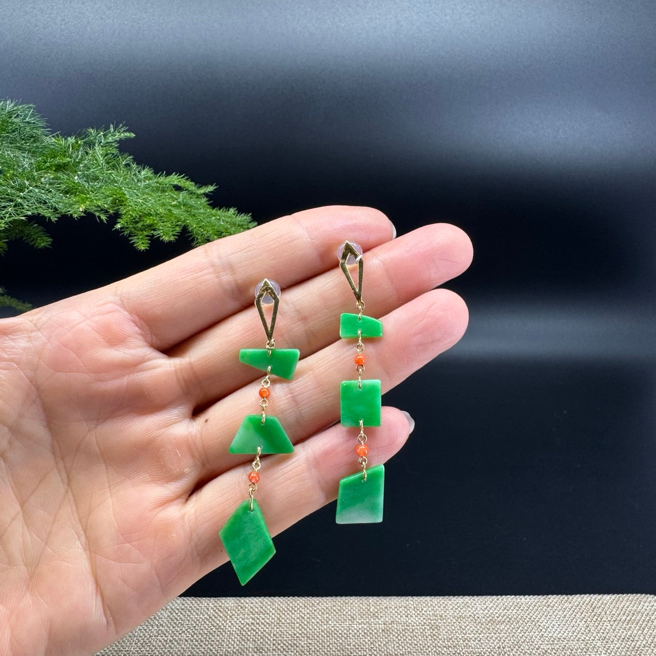 18k Yellow Gold Genuine Green Jadeite Jade Earrings