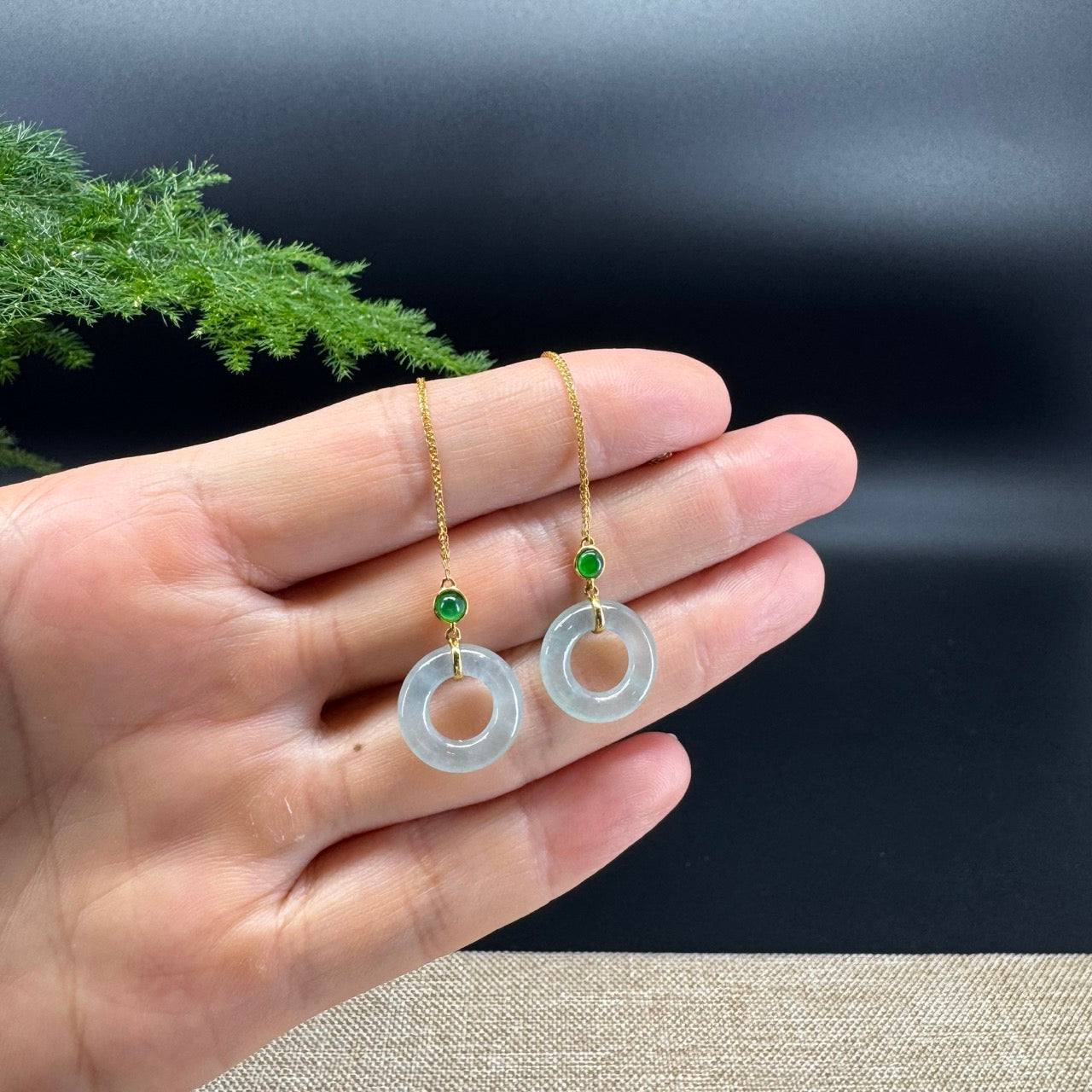 18k Yellow Gold Genuine Icy Green Jadeite Jade Earrings