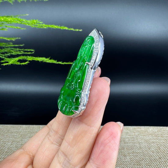 High-end 18K White Gold Guatemala Green Jadeite Jade Guanyin Pendant with Diamond