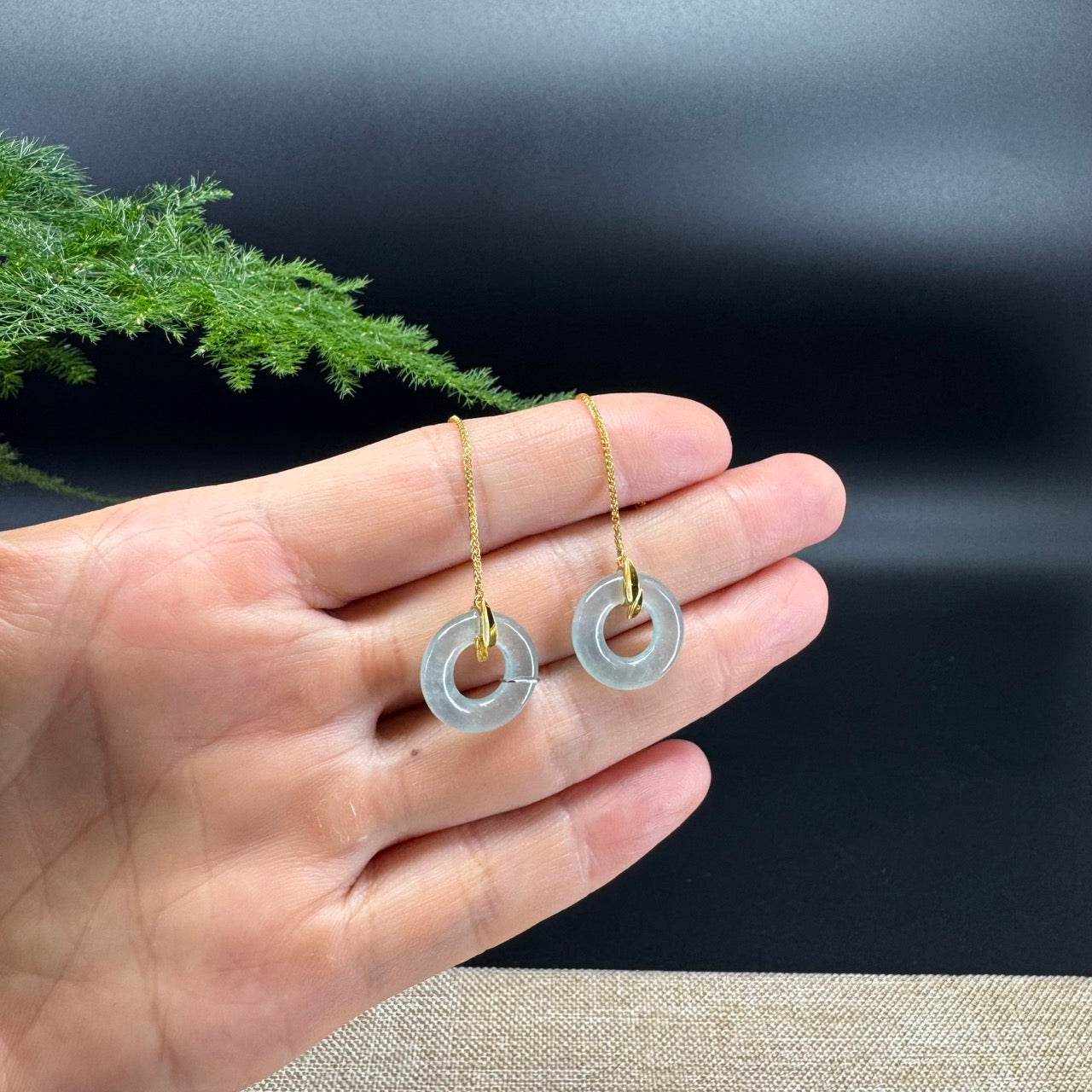 18k Yellow Gold Genuine Icy Green Jadeite Jade Earrings