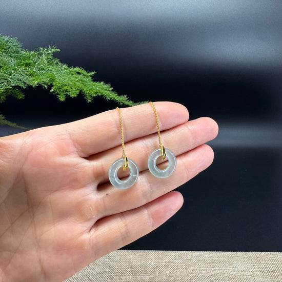 18k Yellow Gold Genuine Icy Green Jadeite Jade Earrings