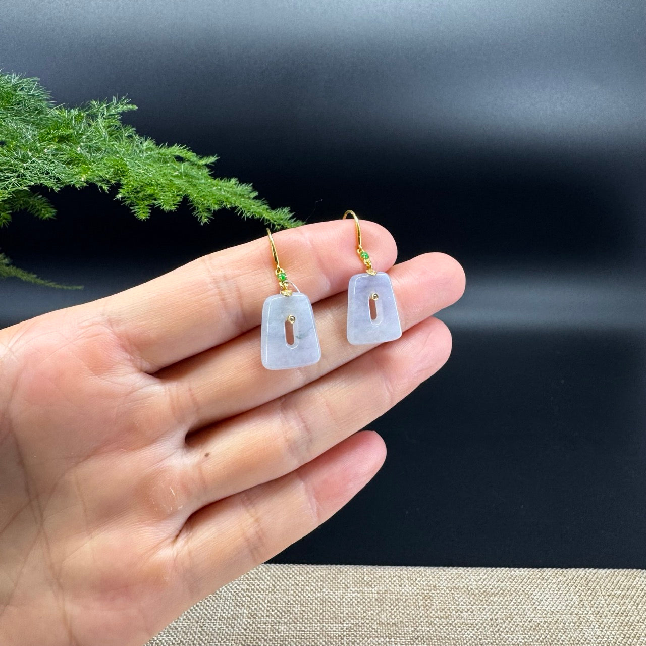 18k Yellow Gold Genuine Lavender Jadeite Jade Earrings With Diamonds