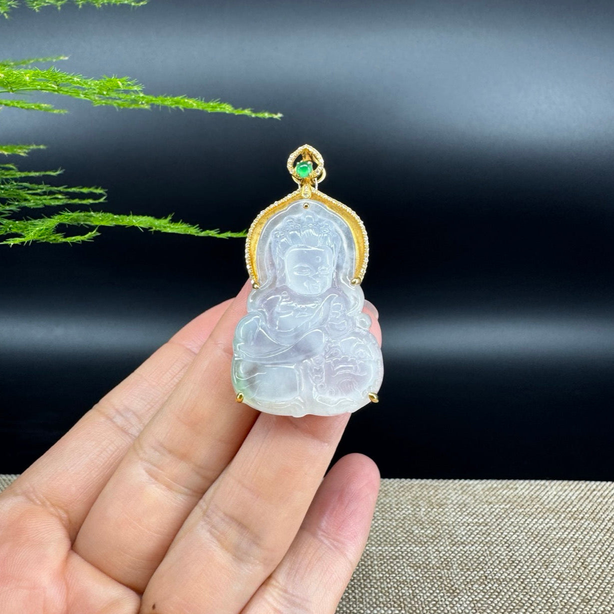 RealJade® 18K Yellow Gold Genuine Icy Green Jade GuanYin Baby Buddha Pendant Necklace With Diamonds