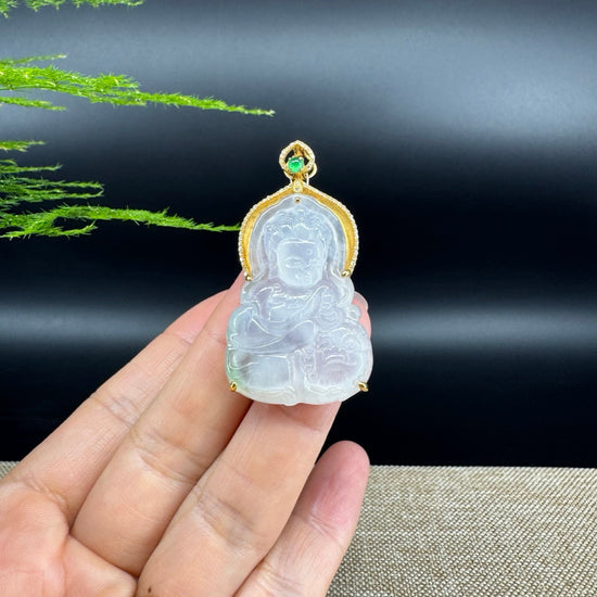 RealJade® 18K Yellow Gold Genuine Icy Green Jade GuanYin Baby Buddha Pendant Necklace With Diamonds