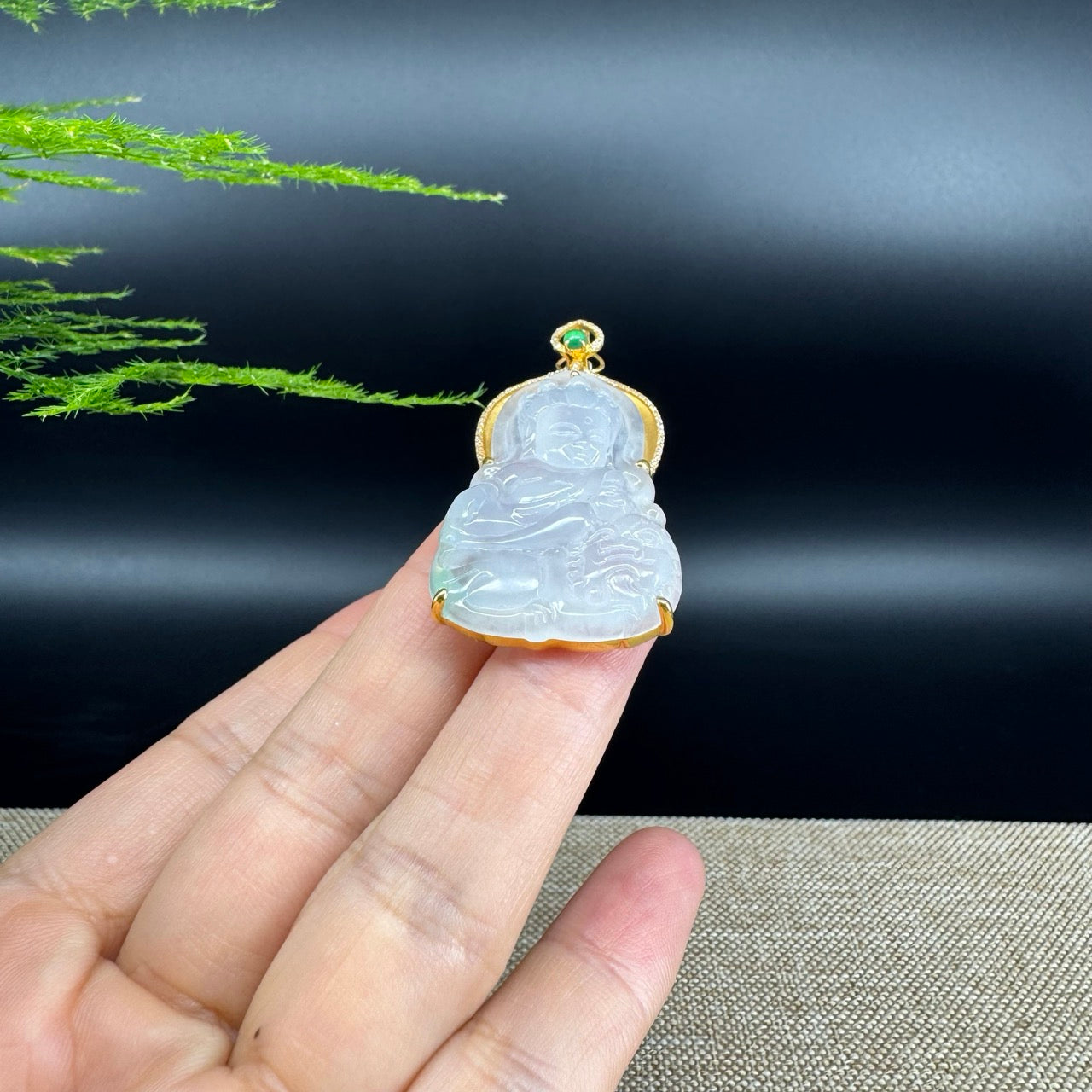 RealJade® 18K Yellow Gold Genuine Icy Green Jade GuanYin Baby Buddha Pendant Necklace With Diamonds