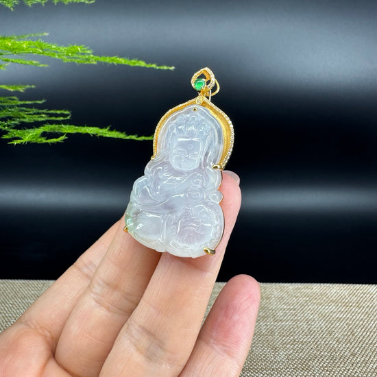RealJade® 18K Yellow Gold Genuine Icy Green Jade GuanYin Baby Buddha Pendant Necklace With Diamonds