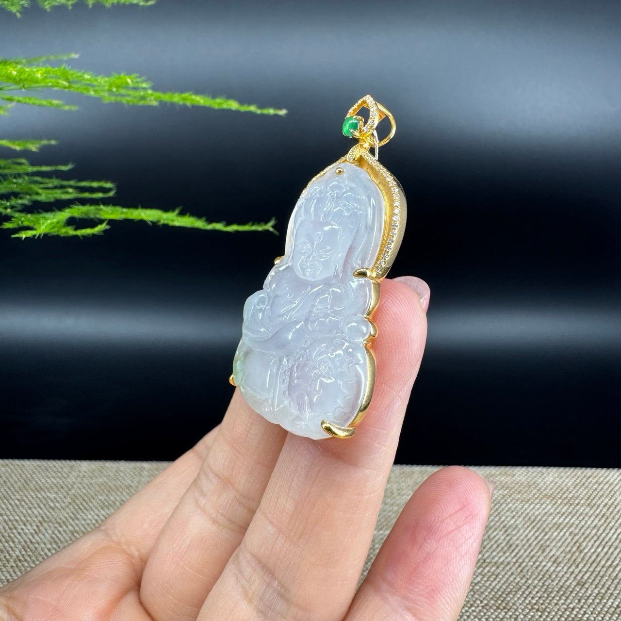RealJade® 18K Yellow Gold Genuine Icy Green Jade GuanYin Baby Buddha Pendant Necklace With Diamonds