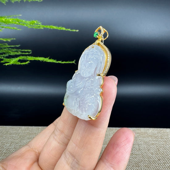 RealJade® 18K Yellow Gold Genuine Icy Green Jade GuanYin Baby Buddha Pendant Necklace With Diamonds