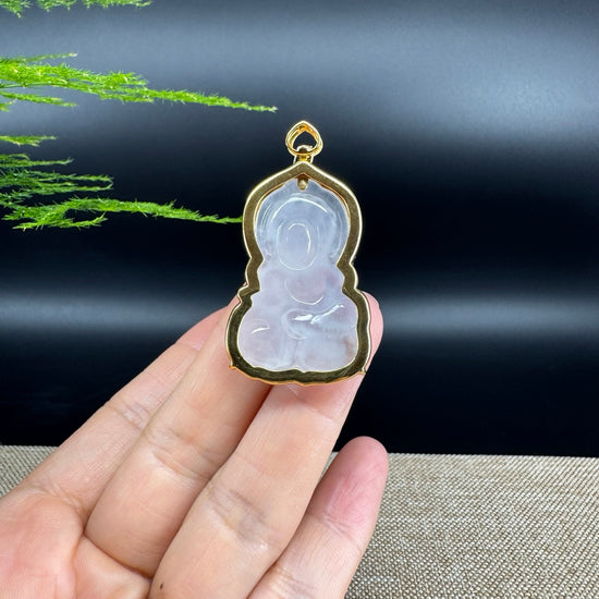 RealJade® 18K Yellow Gold Genuine Icy Green Jade GuanYin Baby Buddha Pendant Necklace With Diamonds