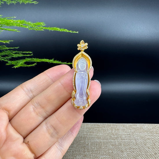 RealJade® 18K Yellow Gold Genuine Luxury Icy lavender Jade Guanyin Pendant Necklace With Diamonds