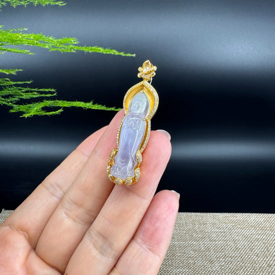 RealJade® 18K Yellow Gold Genuine Luxury Icy lavender Jade Guanyin Pendant Necklace With Diamonds