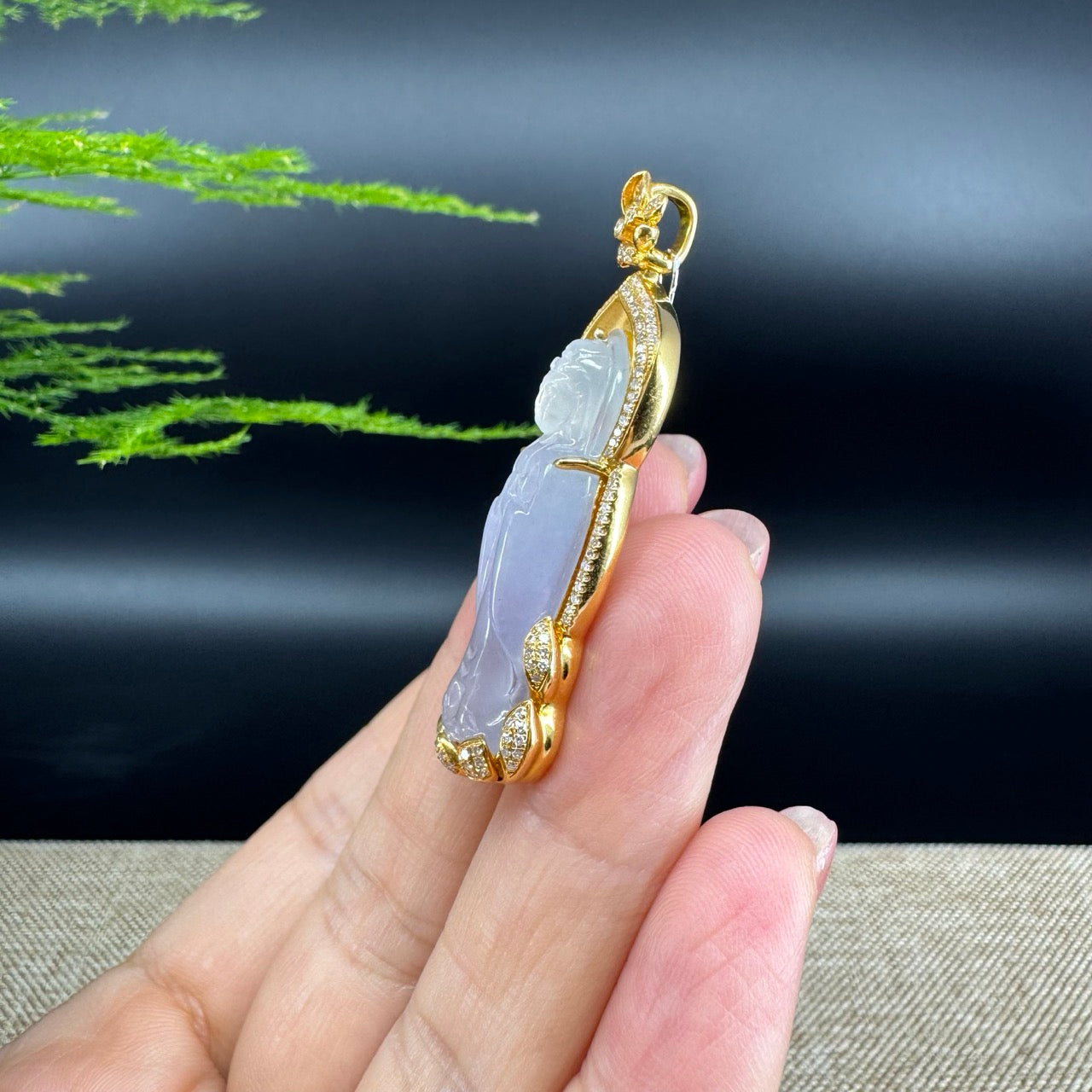 RealJade® 18K Yellow Gold Genuine Luxury Icy lavender Jade Guanyin Pendant Necklace With Diamonds