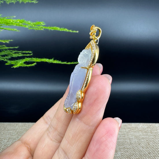 RealJade® 18K Yellow Gold Genuine Luxury Icy lavender Jade Guanyin Pendant Necklace With Diamonds