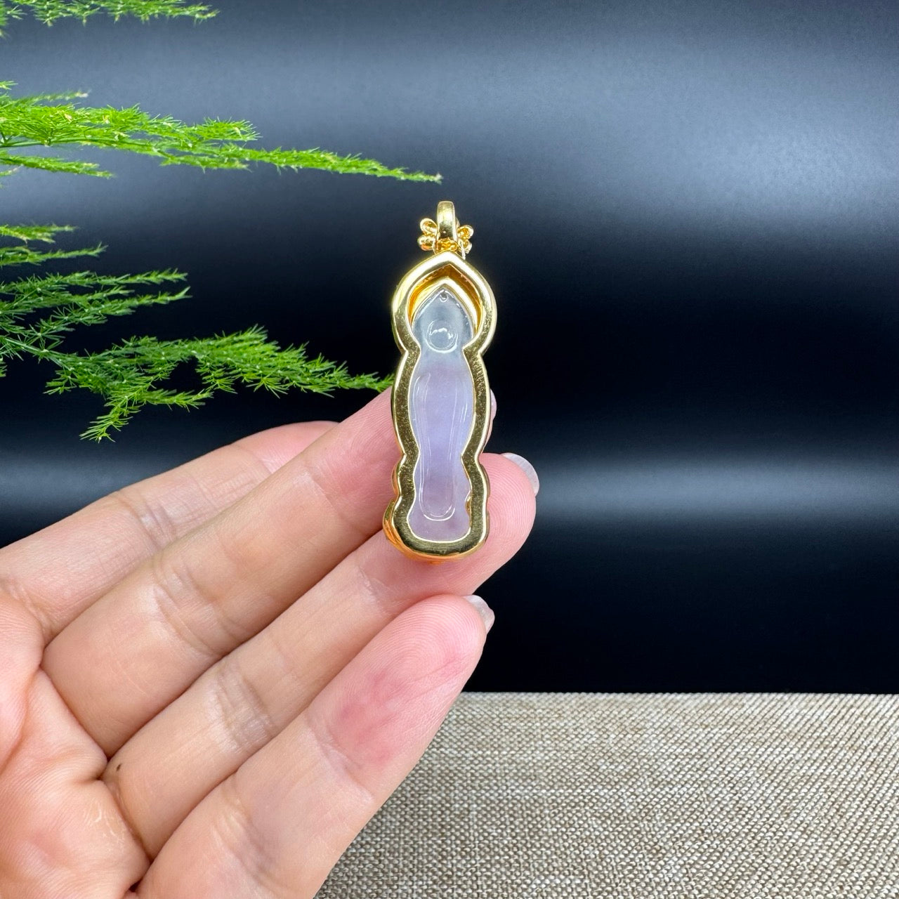 RealJade® 18K Yellow Gold Genuine Luxury Icy lavender Jade Guanyin Pendant Necklace With Diamonds
