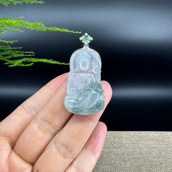 18K White Gold High-End Icy Green Jadeite Jade "Goddess of Compassion" Guan Yin Necklace with Diamonds