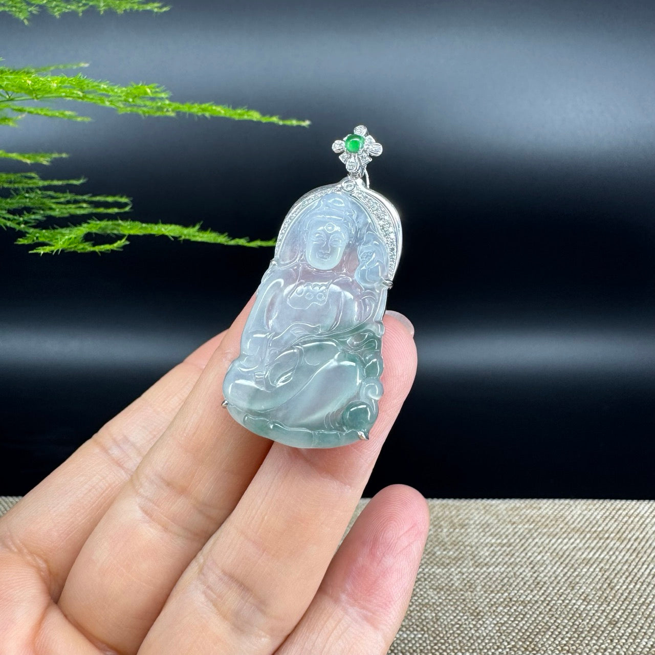 18K White Gold High-End Icy Green Jadeite Jade "Goddess of Compassion" Guan Yin Necklace with Diamonds