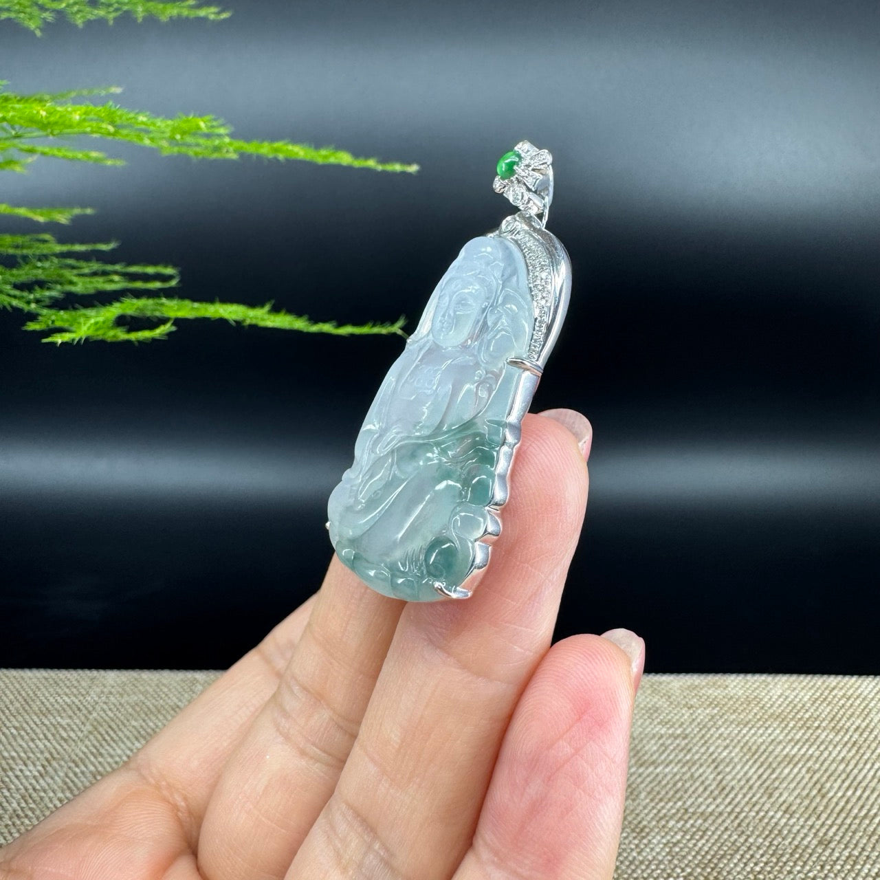 18K White Gold High-End Icy Green Jadeite Jade "Goddess of Compassion" Guan Yin Necklace with Diamonds