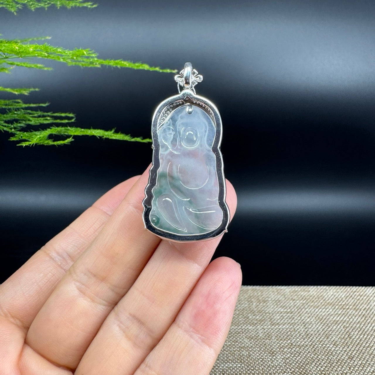 18K White Gold High-End Icy Green Jadeite Jade "Goddess of Compassion" Guan Yin Necklace with Diamonds