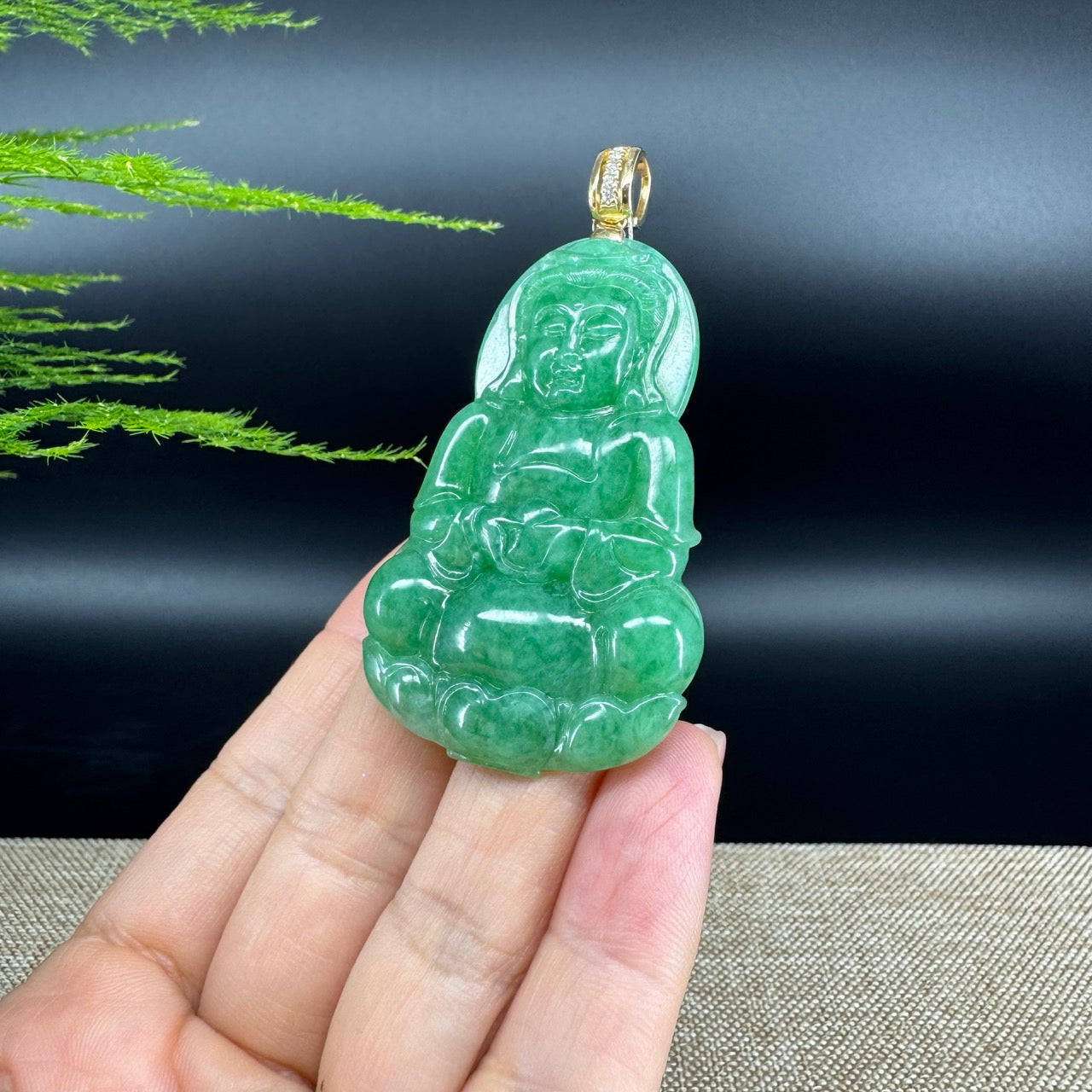 RealJade® 18K Yellow Gold Genuine Green Jade Guanyin Pendant