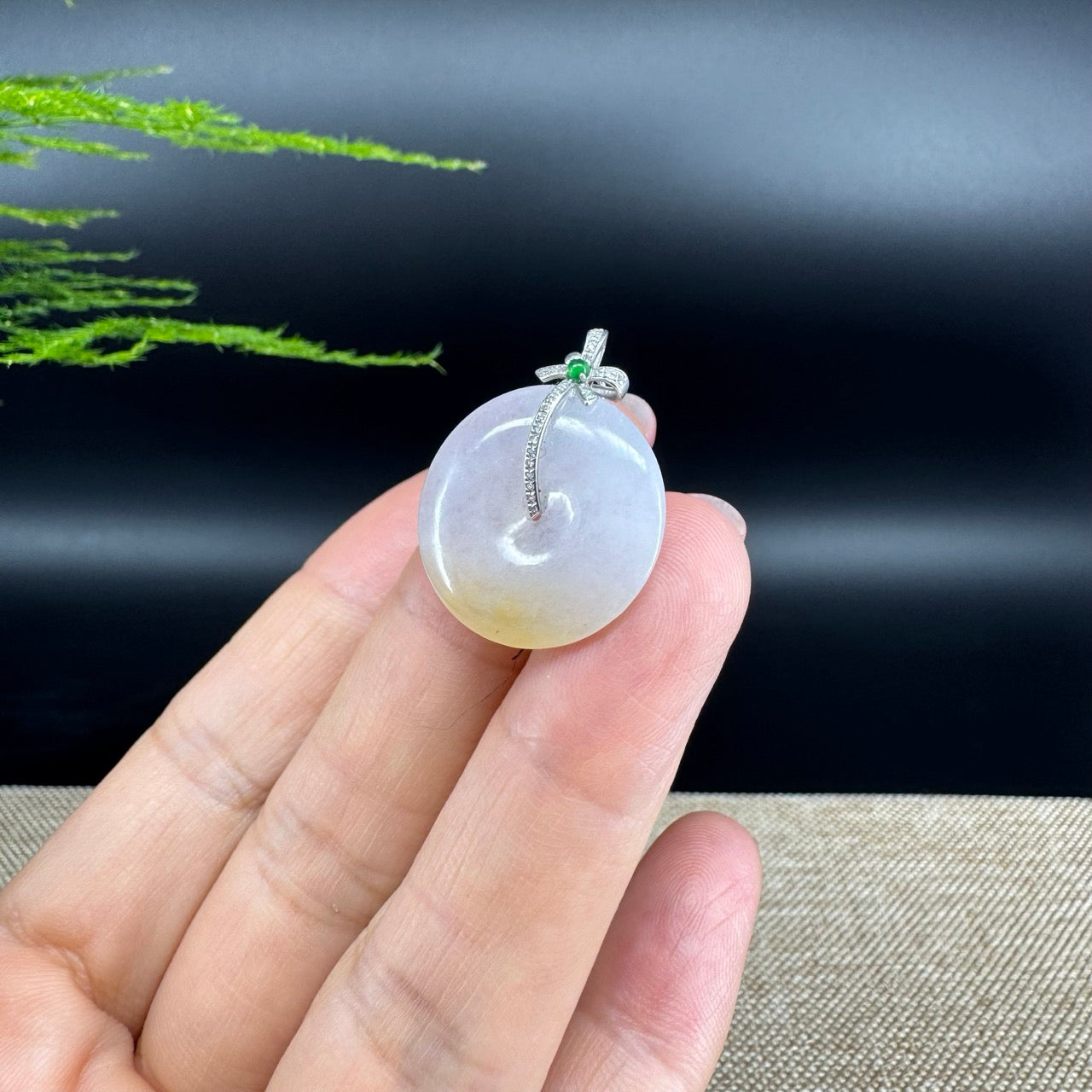 "Good Luck Button" Yellow Jadeite Jade Lucky KouKou Pendant With 18K White Gold Bail