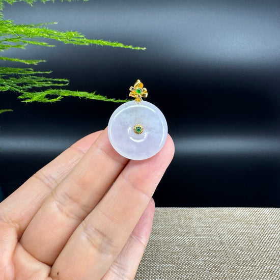 "Good Luck Button" Ice Jadeite Jade Lucky KouKou Pendant With 18K Yellow Gold  Bail