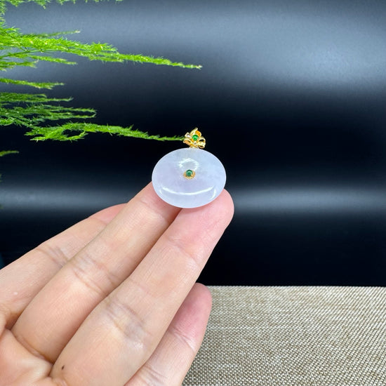 "Good Luck Button" Ice Jadeite Jade Lucky KouKou Pendant With 18K Yellow Gold  Bail