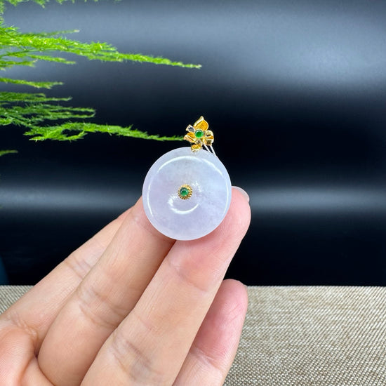 "Good Luck Button" Ice Jadeite Jade Lucky KouKou Pendant With 18K Yellow Gold  Bail