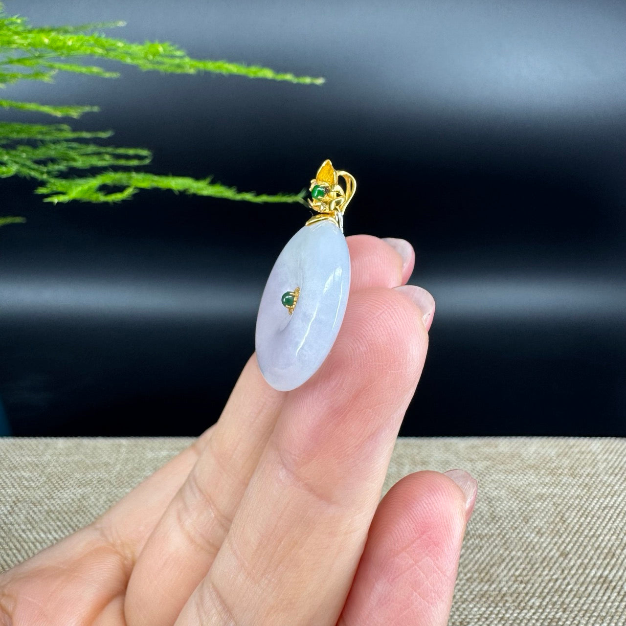 "Good Luck Button" Ice Jadeite Jade Lucky KouKou Pendant With 18K Yellow Gold  Bail