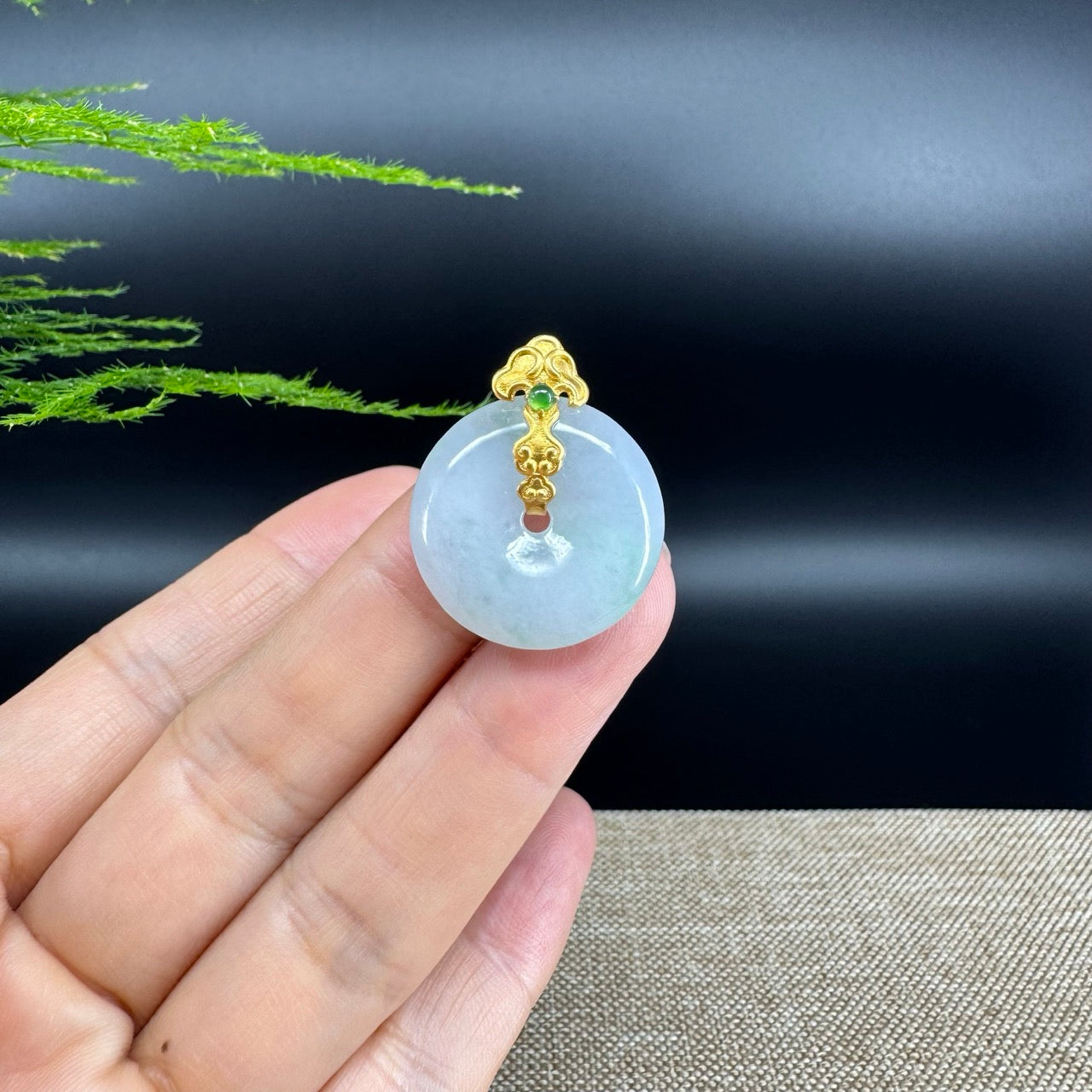 "Good Luck Button"Jadeite Jade Lucky KouKou Pendant With 18K Yellow Gold  Bail