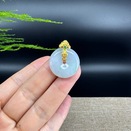 "Good Luck Button"Jadeite Jade Lucky KouKou Pendant With 18K Yellow Gold  Bail
