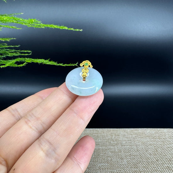 "Good Luck Button"Jadeite Jade Lucky KouKou Pendant With 18K Yellow Gold  Bail