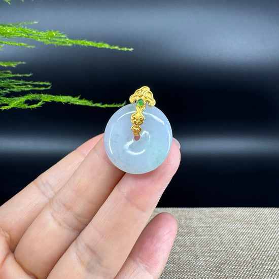 "Good Luck Button"Jadeite Jade Lucky KouKou Pendant With 18K Yellow Gold  Bail