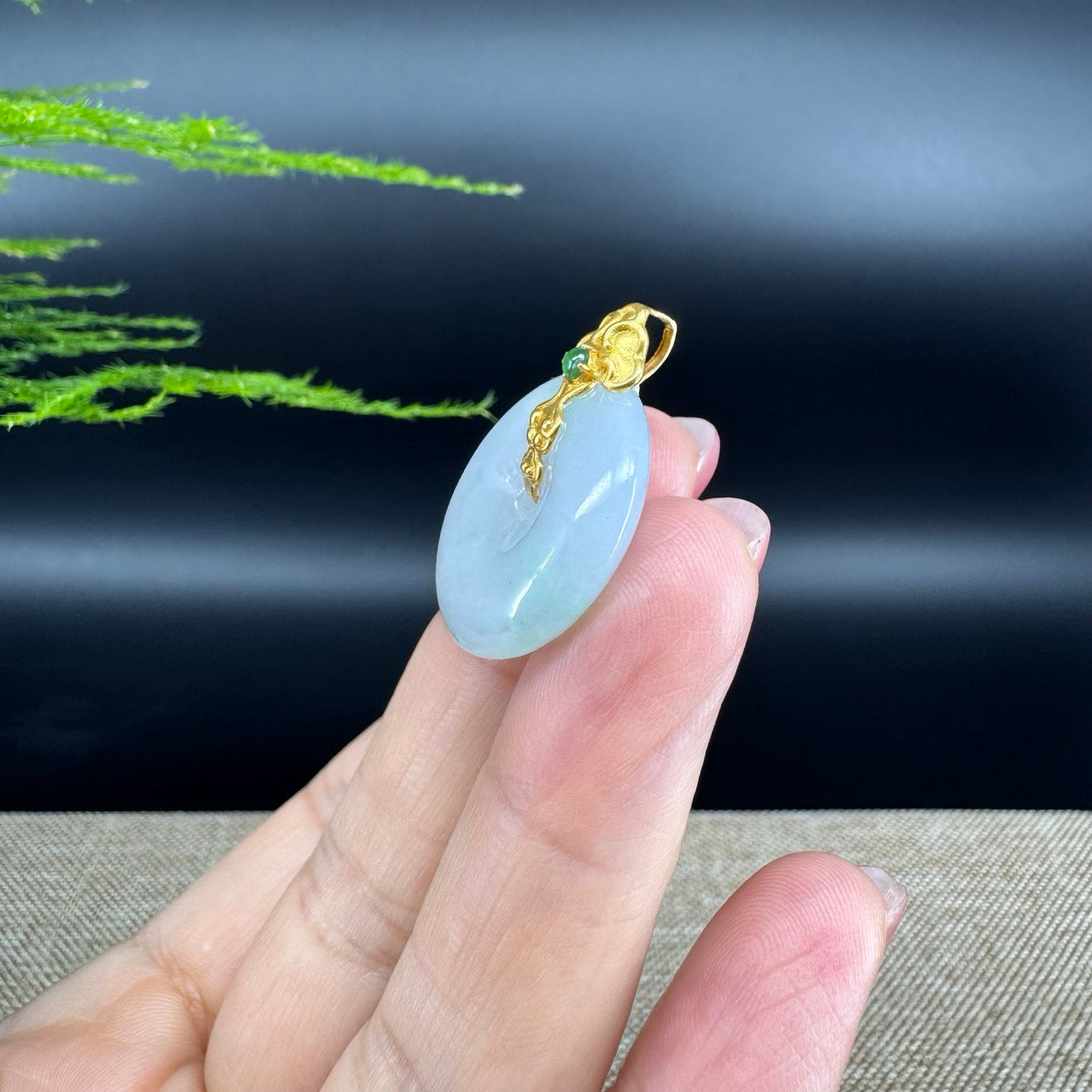 "Good Luck Button"Jadeite Jade Lucky KouKou Pendant With 18K Yellow Gold  Bail