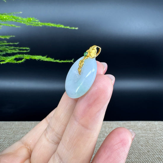 "Good Luck Button"Jadeite Jade Lucky KouKou Pendant With 18K Yellow Gold  Bail