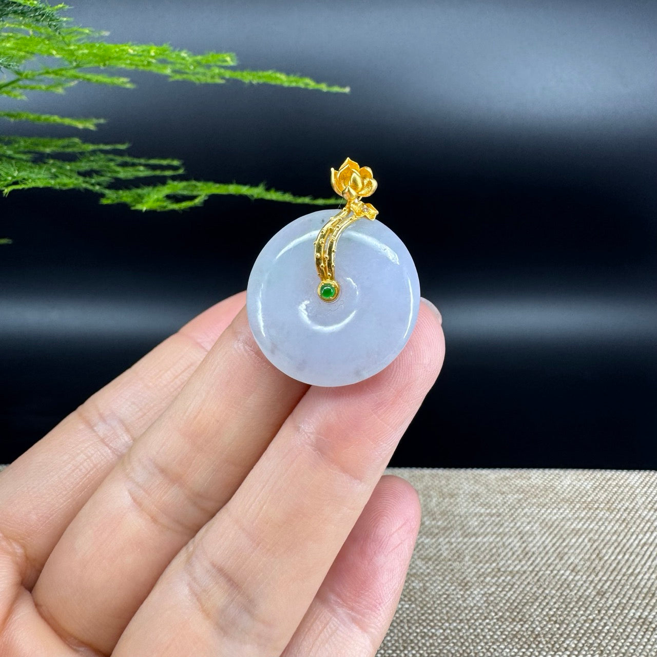 "Good Luck Button" Lavender Jadeite Jade Lucky KouKou Pendant With 18K Yellow Gold  Bail