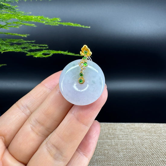 "Good Luck Button" Lavender Jadeite Jade Lucky KouKou Pendant With 18K Yellow Gold  Bail