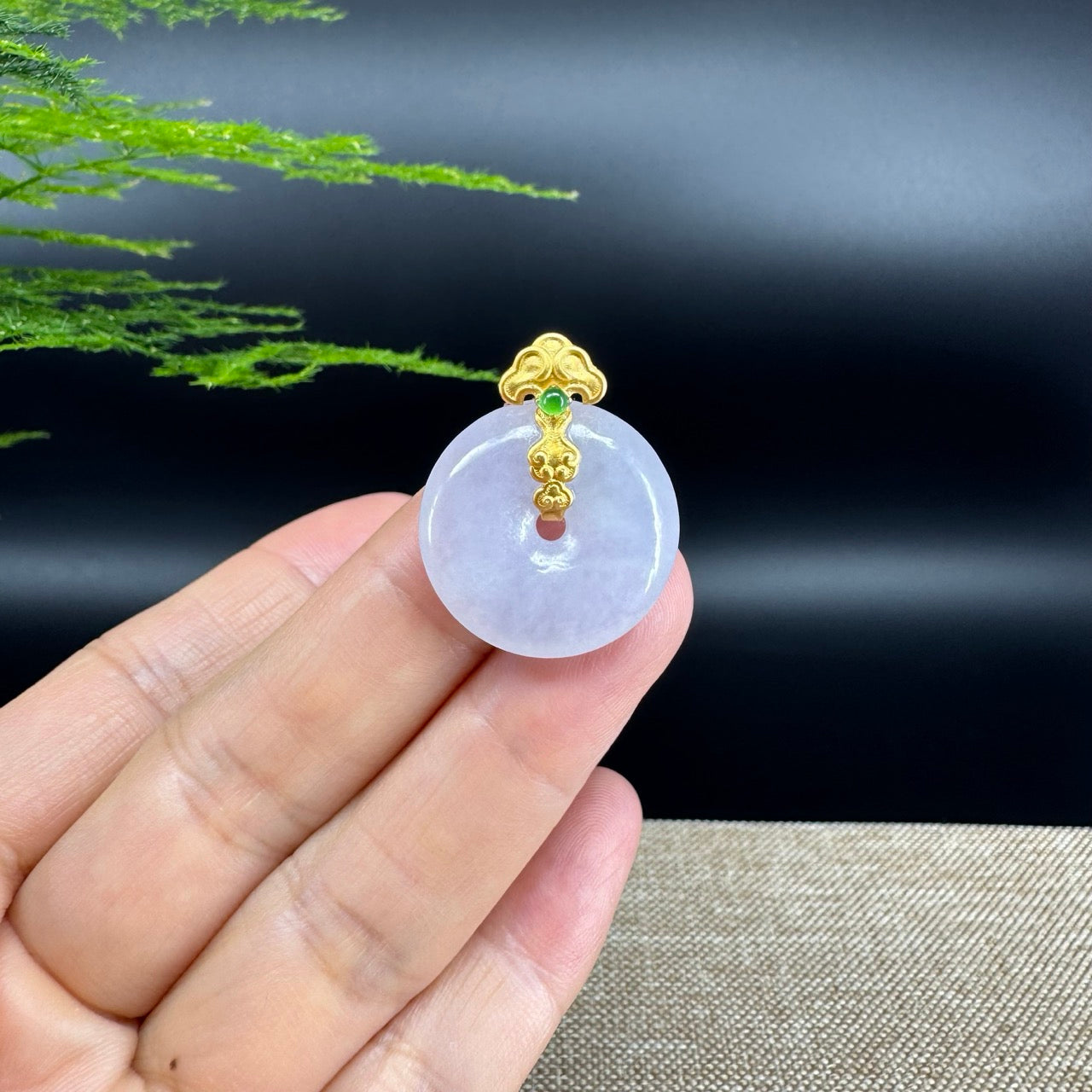 "Good Luck Button" Lavender Jadeite Jade Lucky KouKou Pendant With 18K Yellow Gold  Bail