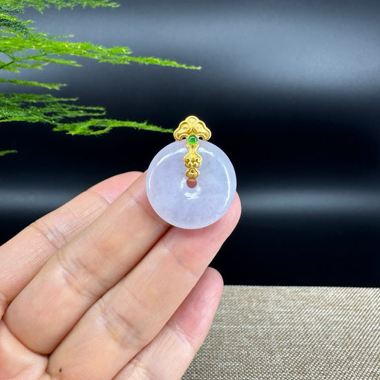"Good Luck Button" Lavender Jadeite Jade Lucky KouKou Pendant With 18K Yellow Gold  Bail