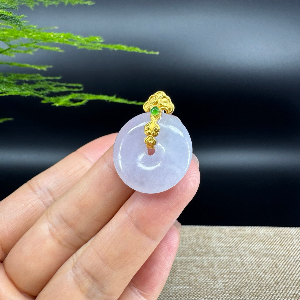 "Good Luck Button" Lavender Jadeite Jade Lucky KouKou Pendant With 18K Yellow Gold  Bail