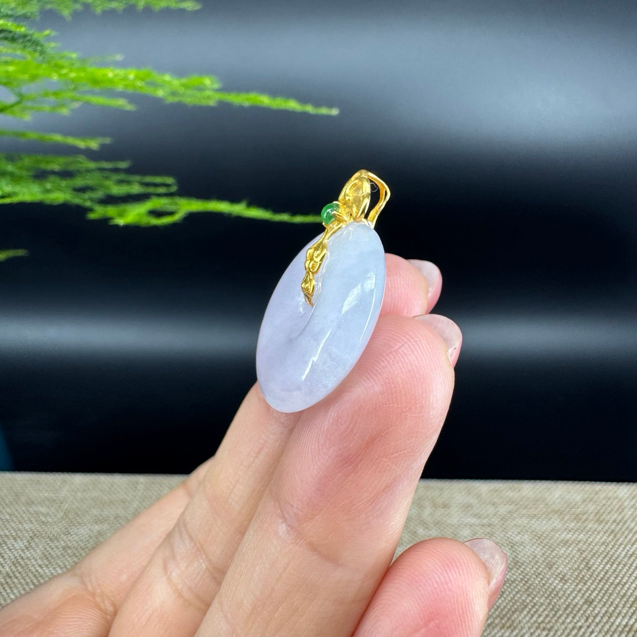 "Good Luck Button" Lavender Jadeite Jade Lucky KouKou Pendant With 18K Yellow Gold  Bail