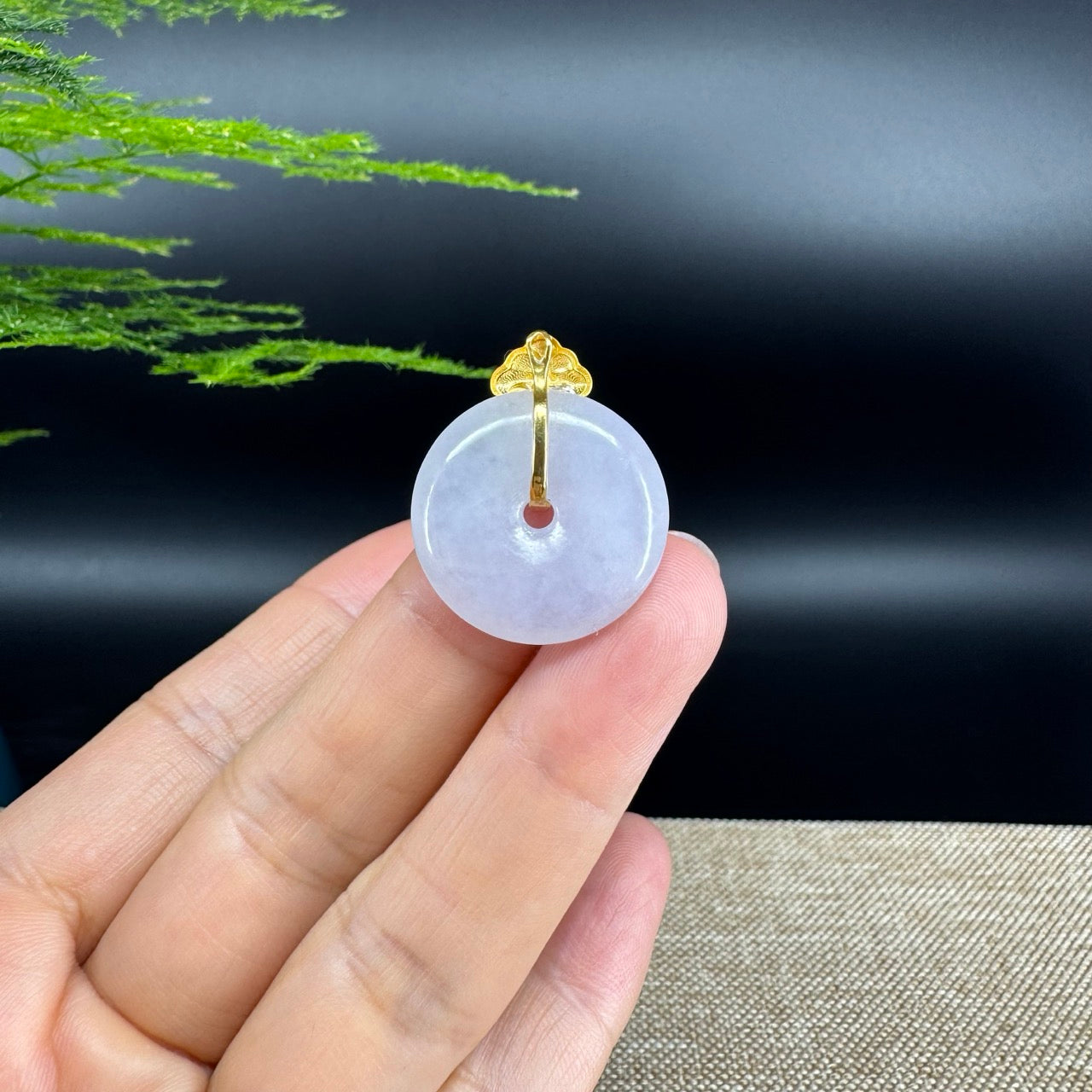 "Good Luck Button" Lavender Jadeite Jade Lucky KouKou Pendant With 18K Yellow Gold  Bail