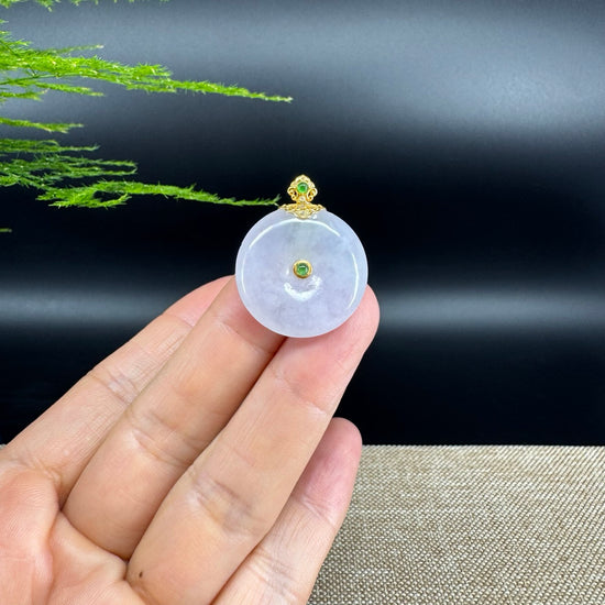 "Good Luck Button" Lavender Jadeite Jade Lucky KouKou Pendant With 18K Yellow Gold  Bail