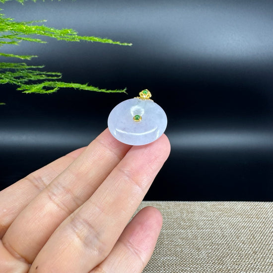 "Good Luck Button" Lavender Jadeite Jade Lucky KouKou Pendant With 18K Yellow Gold  Bail